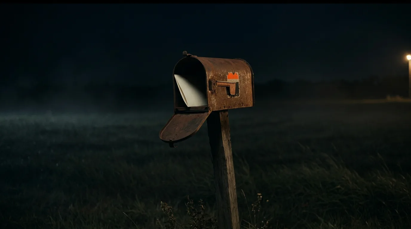 A rusted mailbox on a leaning post in a dark field with its door hanging open.