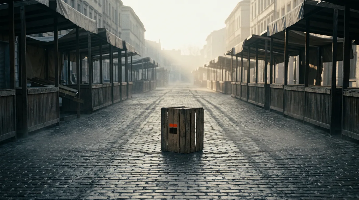 An empty market street at dawn with a single wooden crate standing on the wet cobbles.