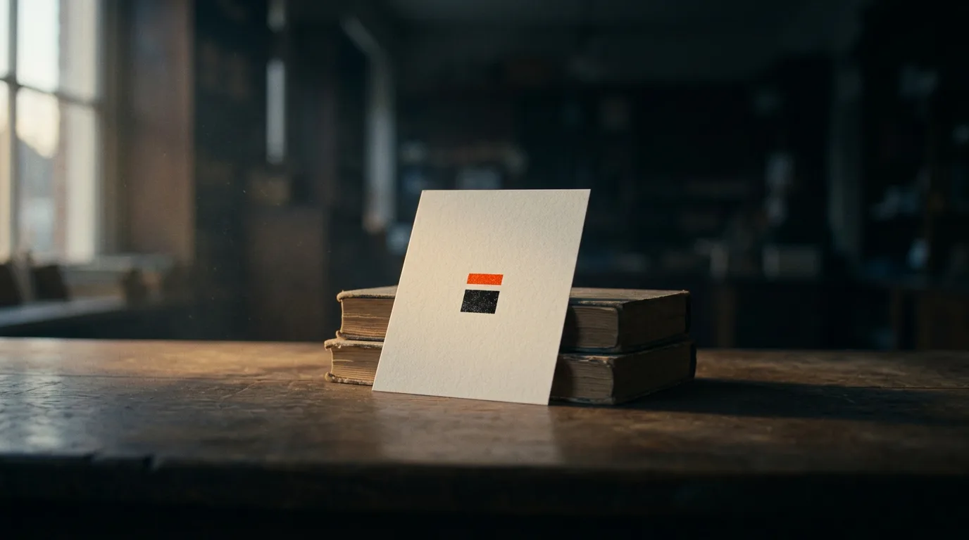 A blank printed card propped against two books on a shop counter at dusk.