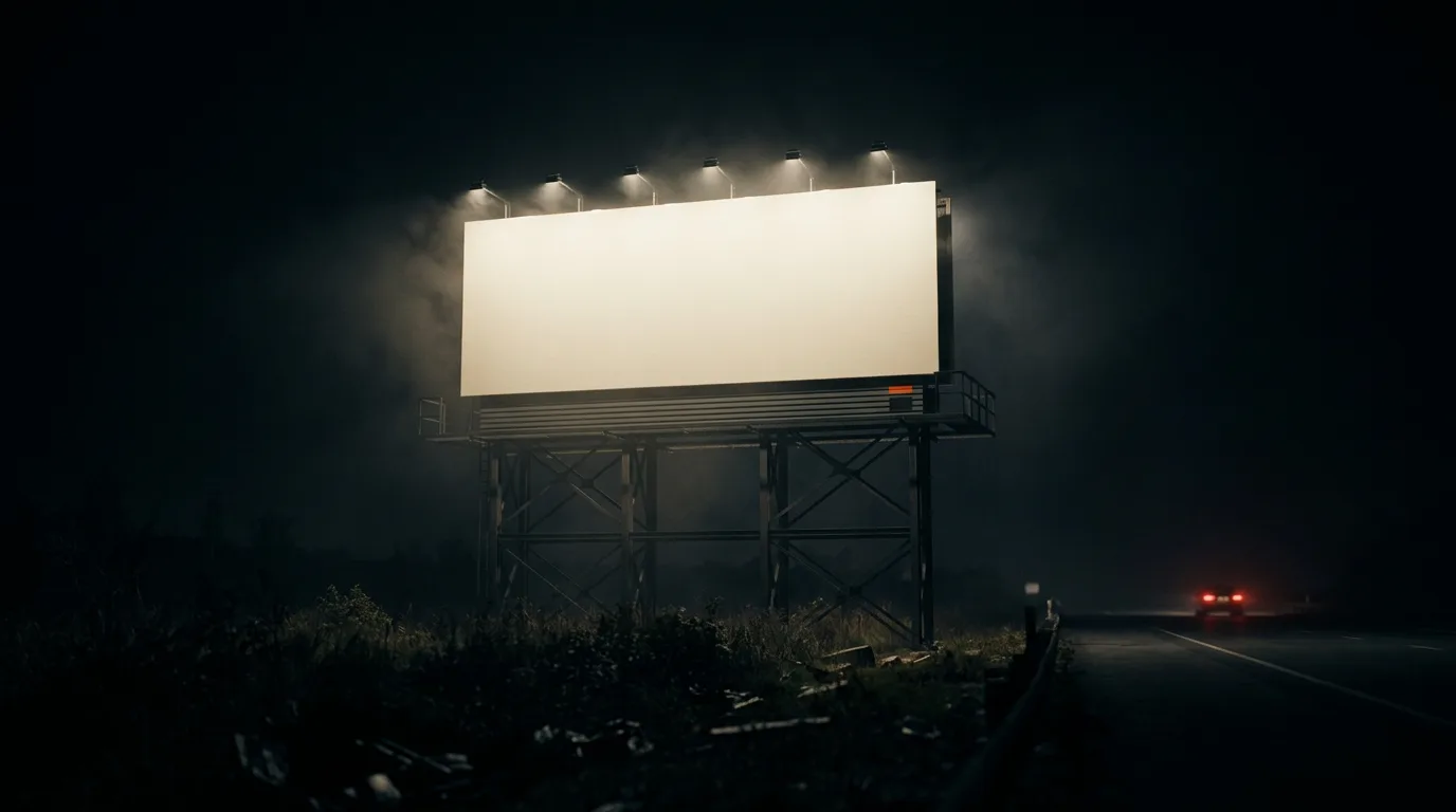 A floodlit billboard above a dark highway at night, a car's tail lights receding down the road it points to.