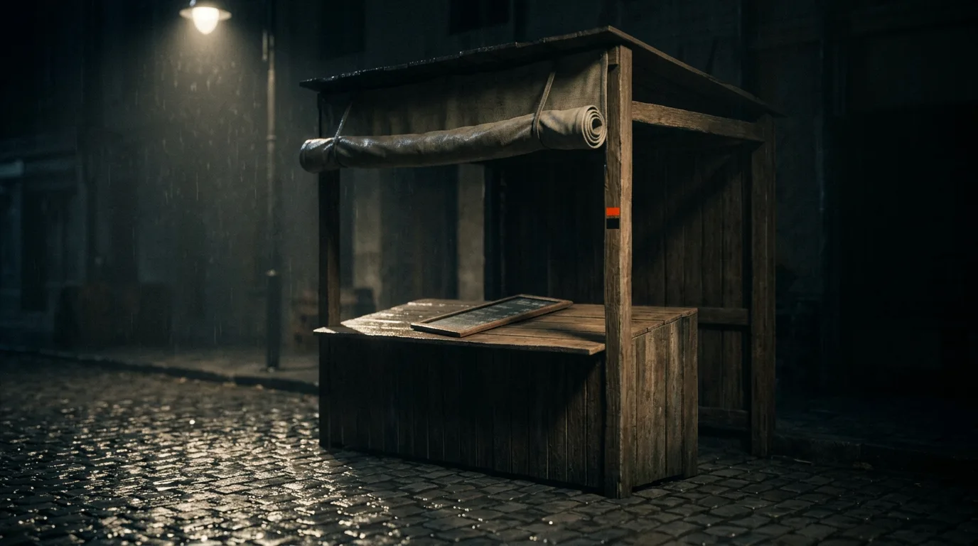 A closed market stall at night on a wet cobbled street, its hand-painted price board face down on the empty counter.