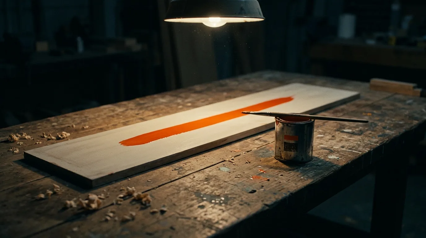 A signwriter's board resting on a bench under a single work lamp, a call to action example part painted in the workshop dark.