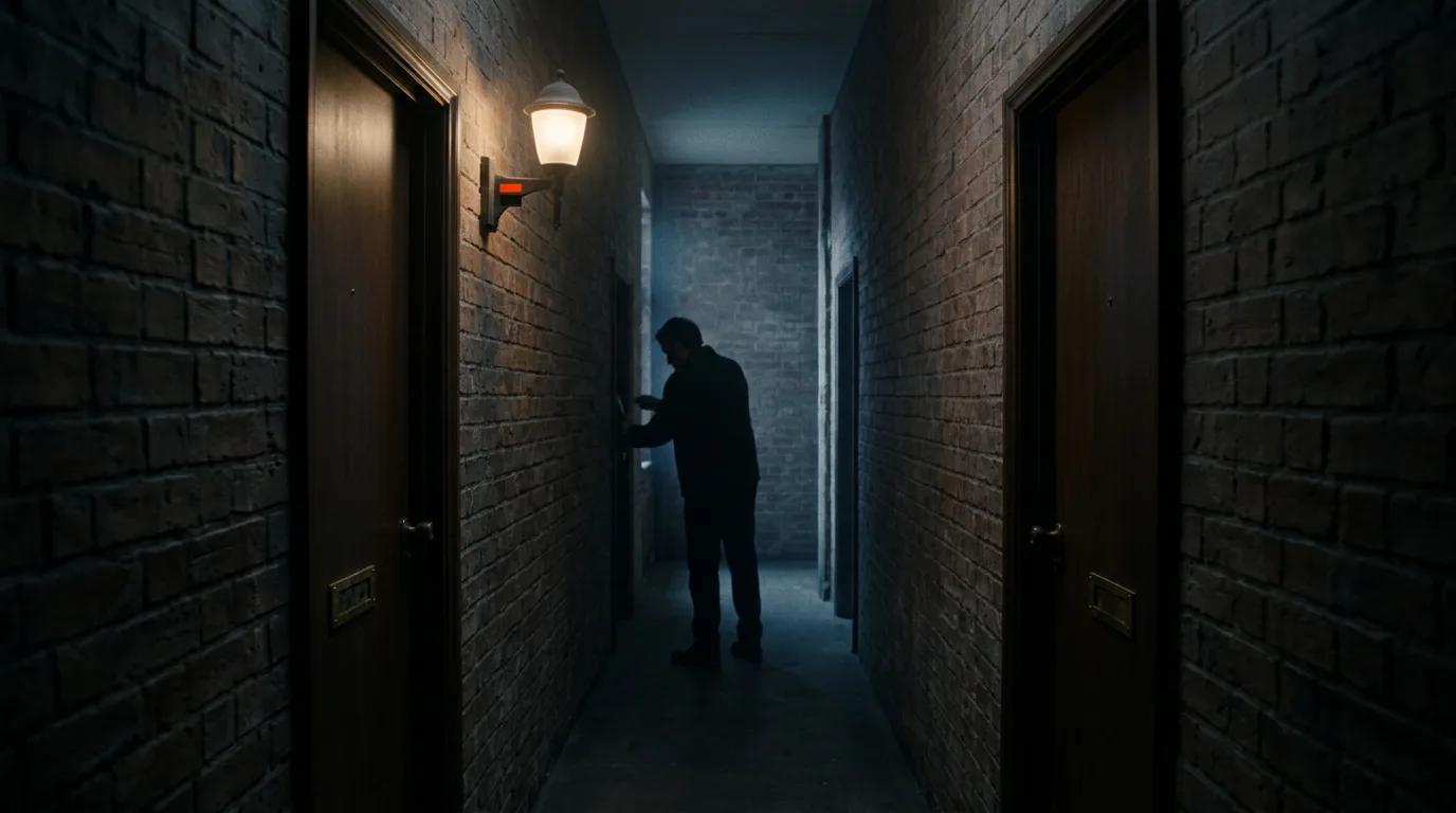 Two identical doorways across a dim brick corridor at dusk, one lit by a wall lamp, a figure in silhouette between them.