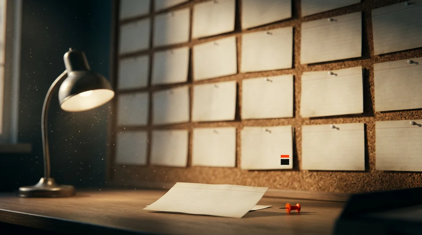 A grid of blank index cards pinned to a corkboard in a dim office, one card pulled loose and lying face up on the desk below.