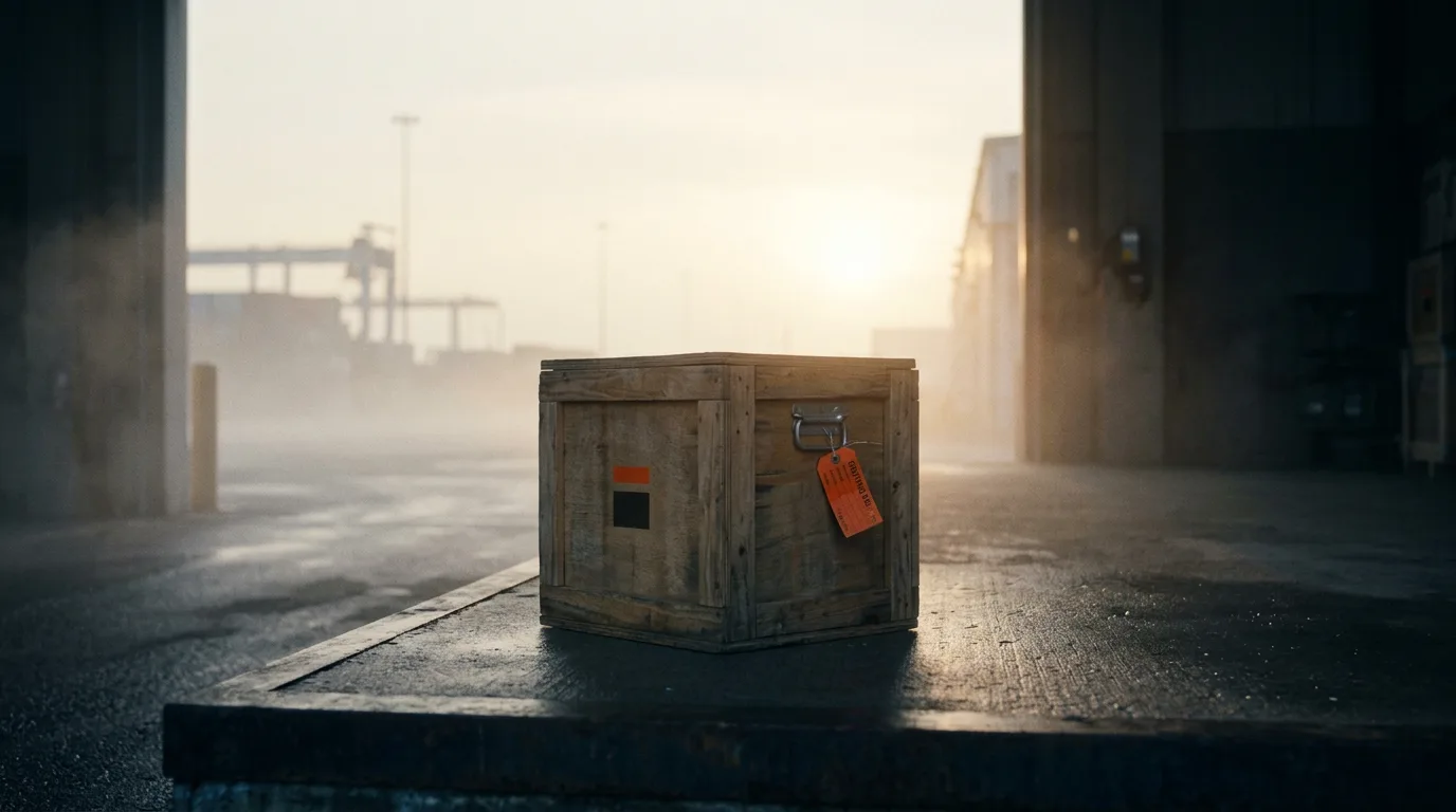 A single wooden crate waiting on a wet loading dock at first light, a tag wired to its handle.