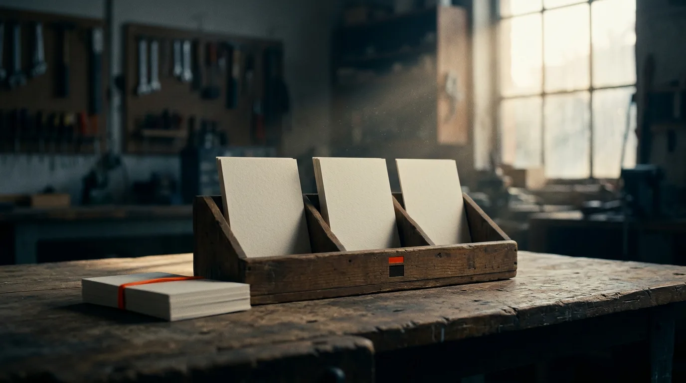 A three-slot wooden sorting rack on a workbench holding three blank cards, a banded stack of cards lying flat beside it.