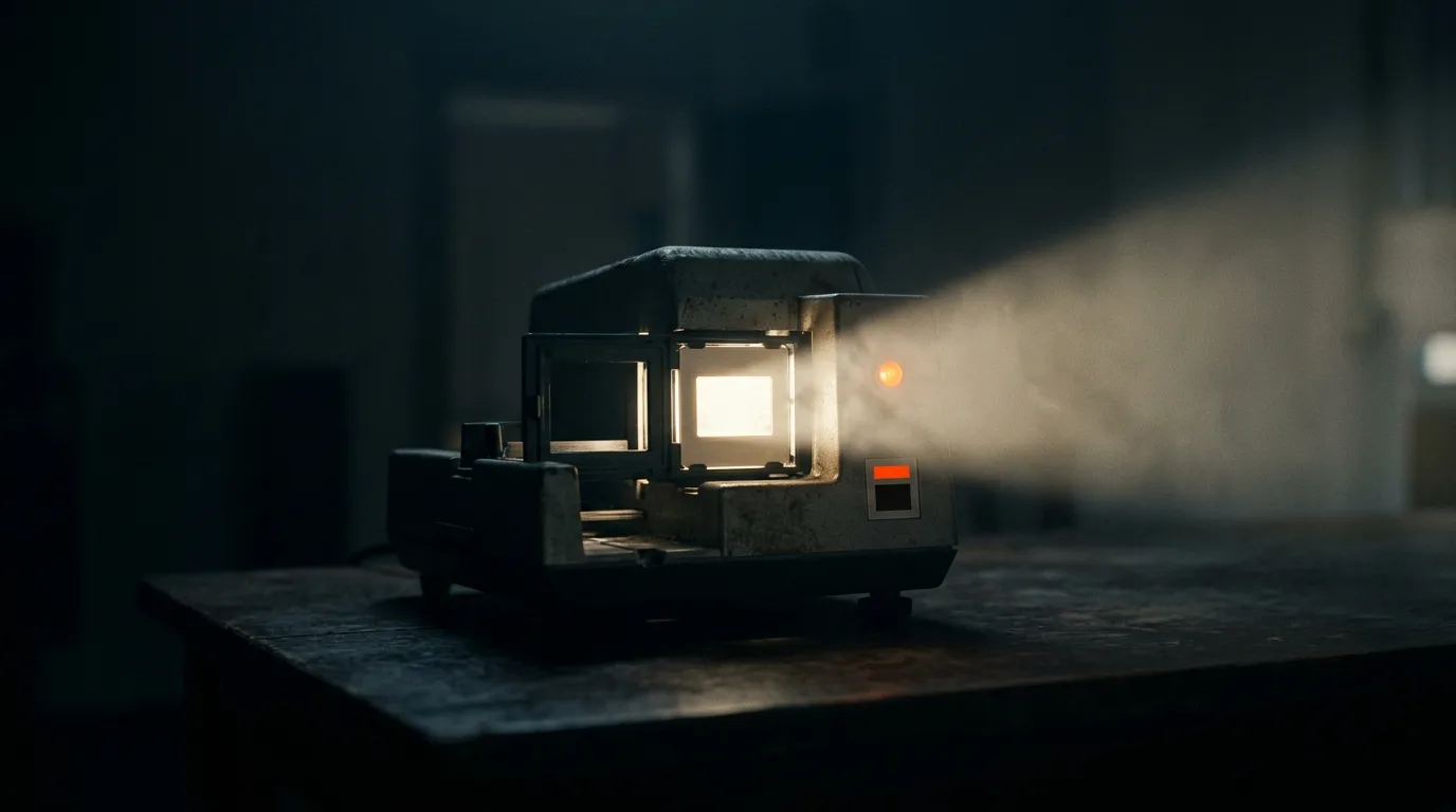 An old slide projector in a dark room, its beam cutting through dust with one slide glowing in the gate.