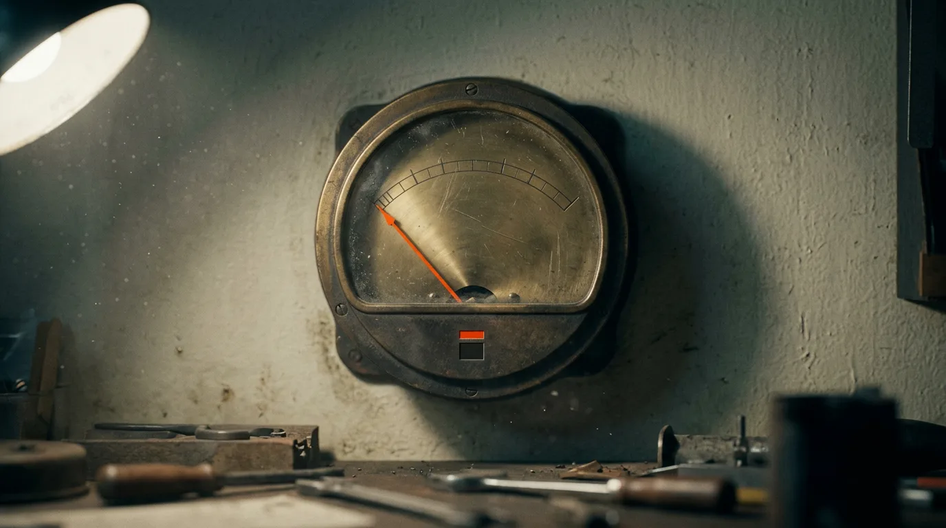 A brass dial meter mounted on a painted wall above a workbench, its orange needle resting low on the scale.