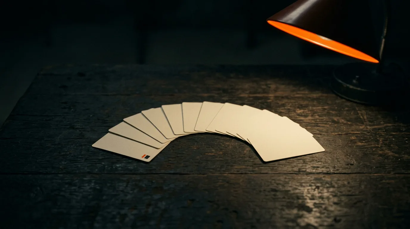 Twelve blank cards fanned across a dark table under one lamp, standing in for a sheet of LinkedIn post ideas.