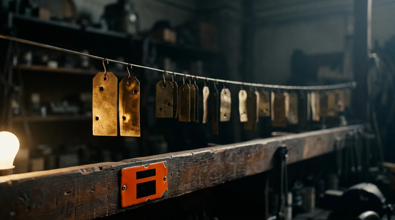 A row of hand-punched brass price tags hangs from a wire in a dark workshop, one tag catching warm light, the set of them standing for the SaaS pricing models a founder has to weigh.