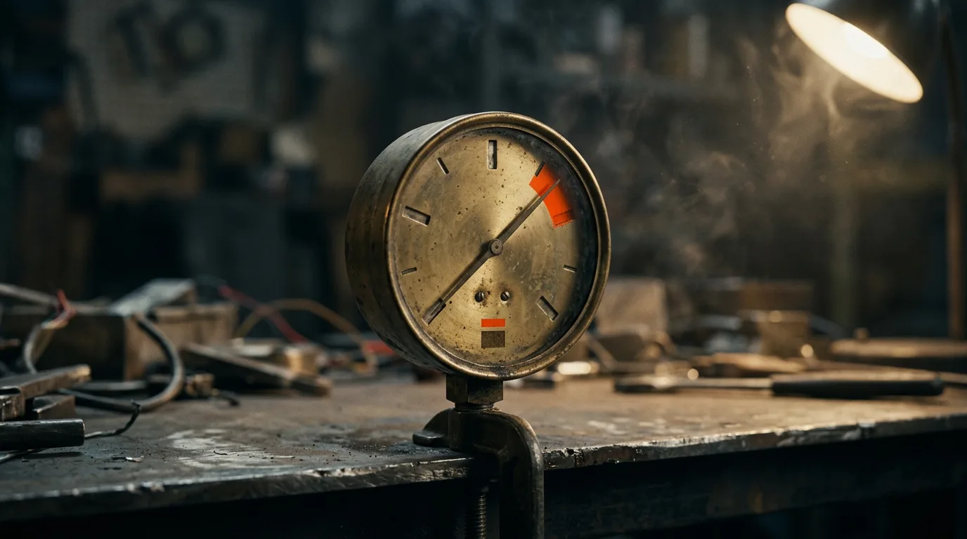 A brass pressure gauge with five notched positions clamped to a scarred steel workbench, the dial standing in for the five SaaS pricing models, its needle past the fourth mark.