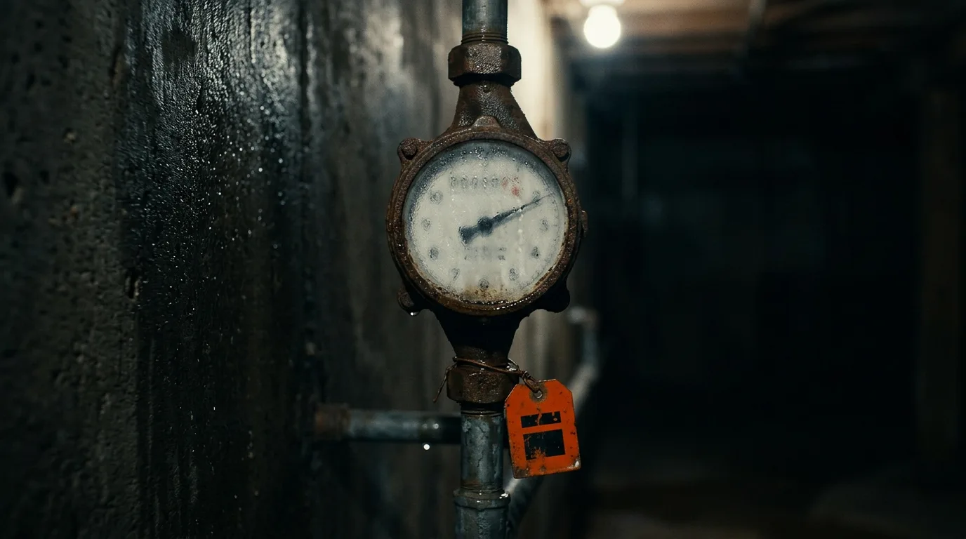 An old cast iron water meter on a damp concrete wall, its glass dials fogged, one needle mid-sweep, a lead pipe running out of frame.