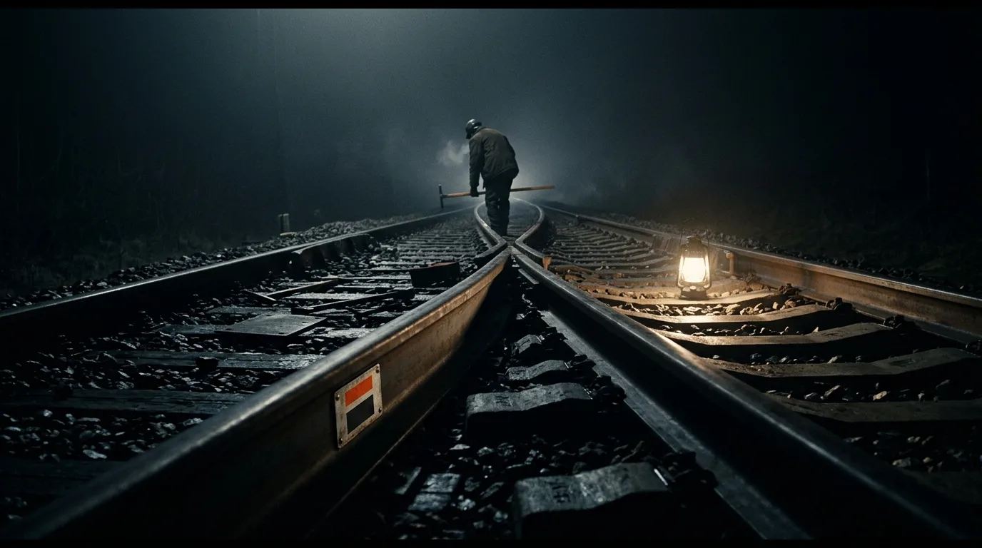 A short stretch of rail line being relaid at night, new track laid beside the old and not yet joined, one figure far down the line with his back turned.