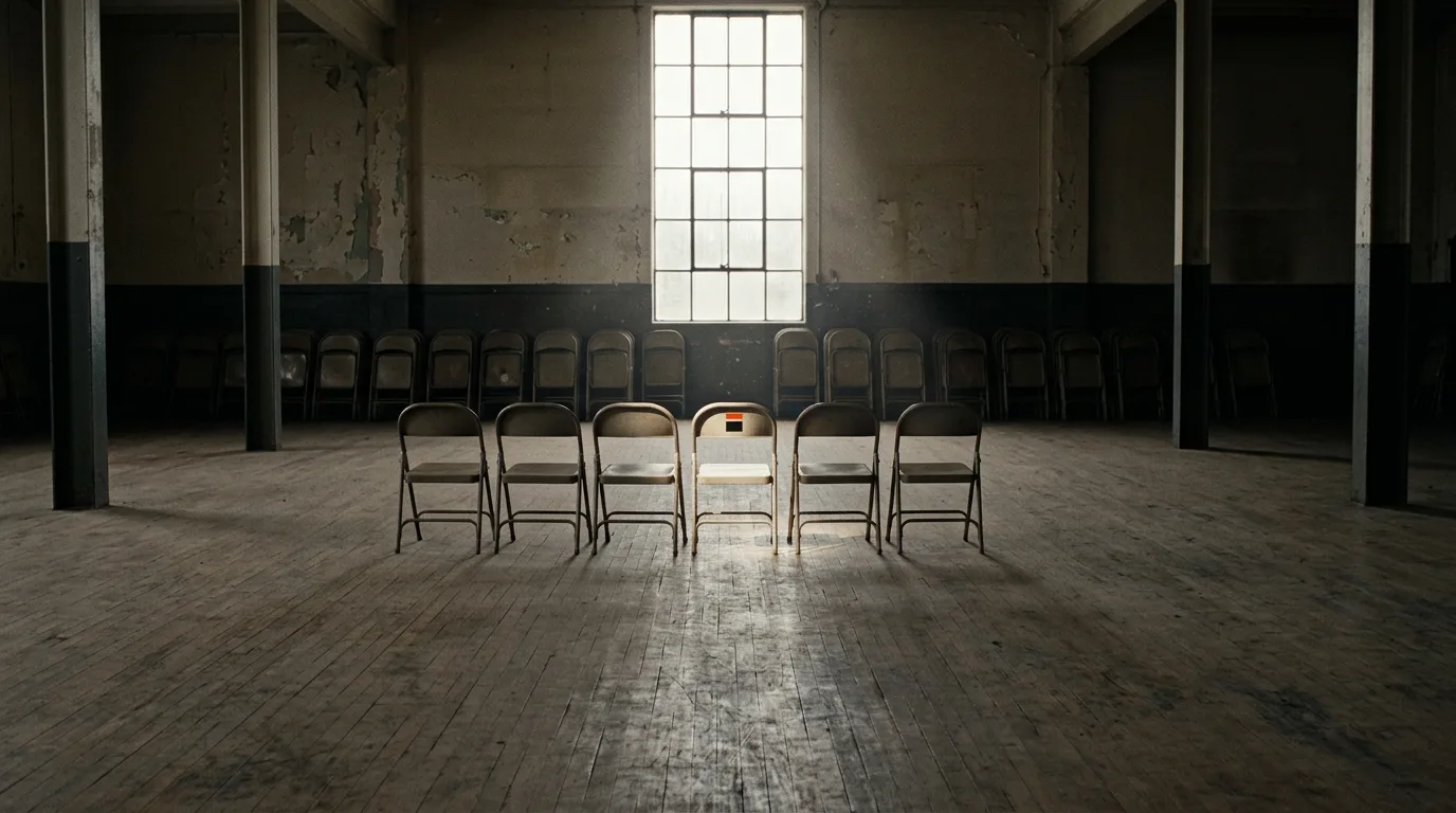 Rows of identical folding chairs in a long hall, most folded and stacked against the far wall while six stand open and empty in the middle, one lit.