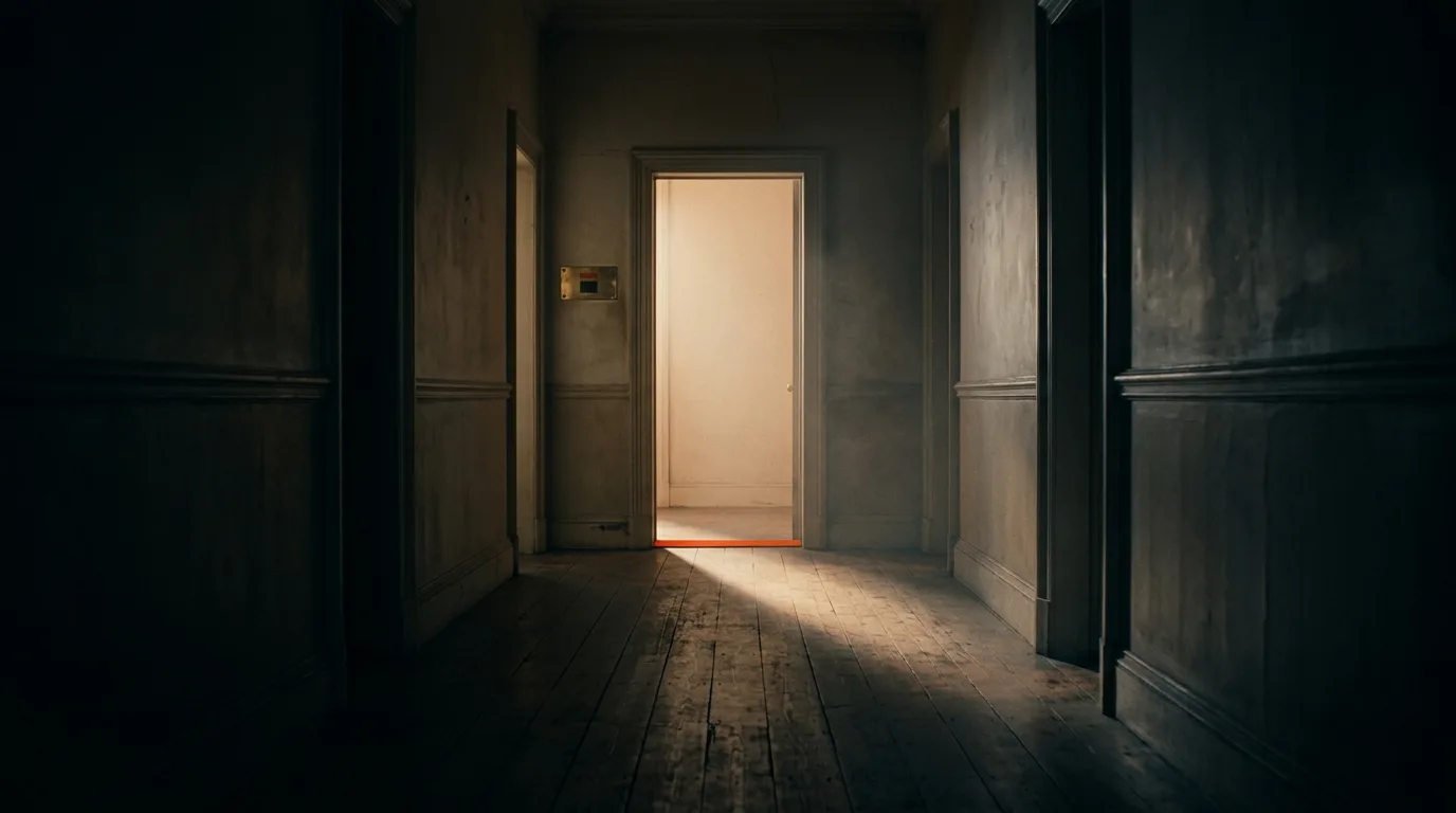 A single open doorway at the end of a long dark corridor, warm light spilling across the floorboards, a small brass plaque on the wall beside it.