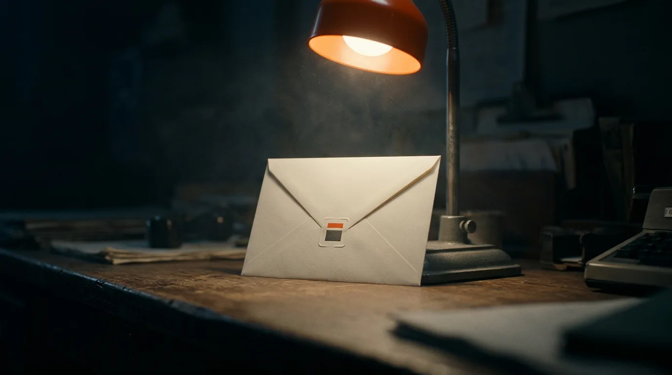 A folded launch email on cream paper propped against a small orange-shaded desk lamp in a dark room at dawn, a small orange bar and dark square mark embossed on its seal.