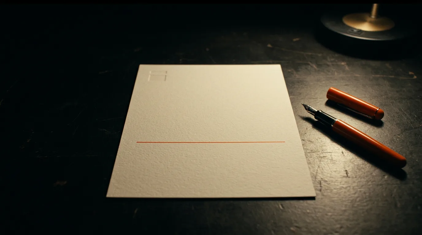 A blank cream card with one thin orange line ruled across it on a dark desk, a fountain pen resting beside it under a single lamp.