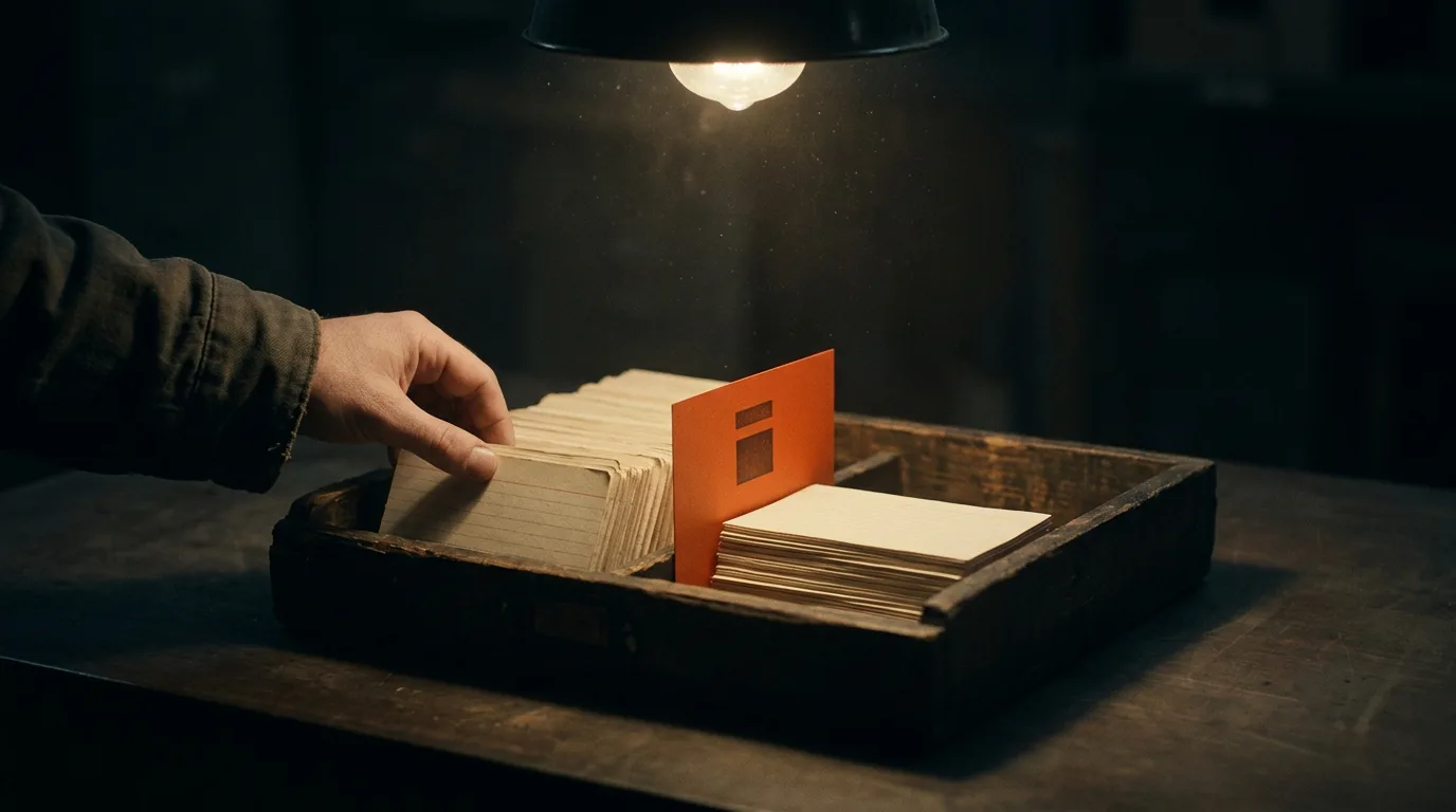 Two stacks of blank cream index cards on a dark sorting tray, a hand separating a thin stack under a single pendant lamp, an orange divider card standing between them.