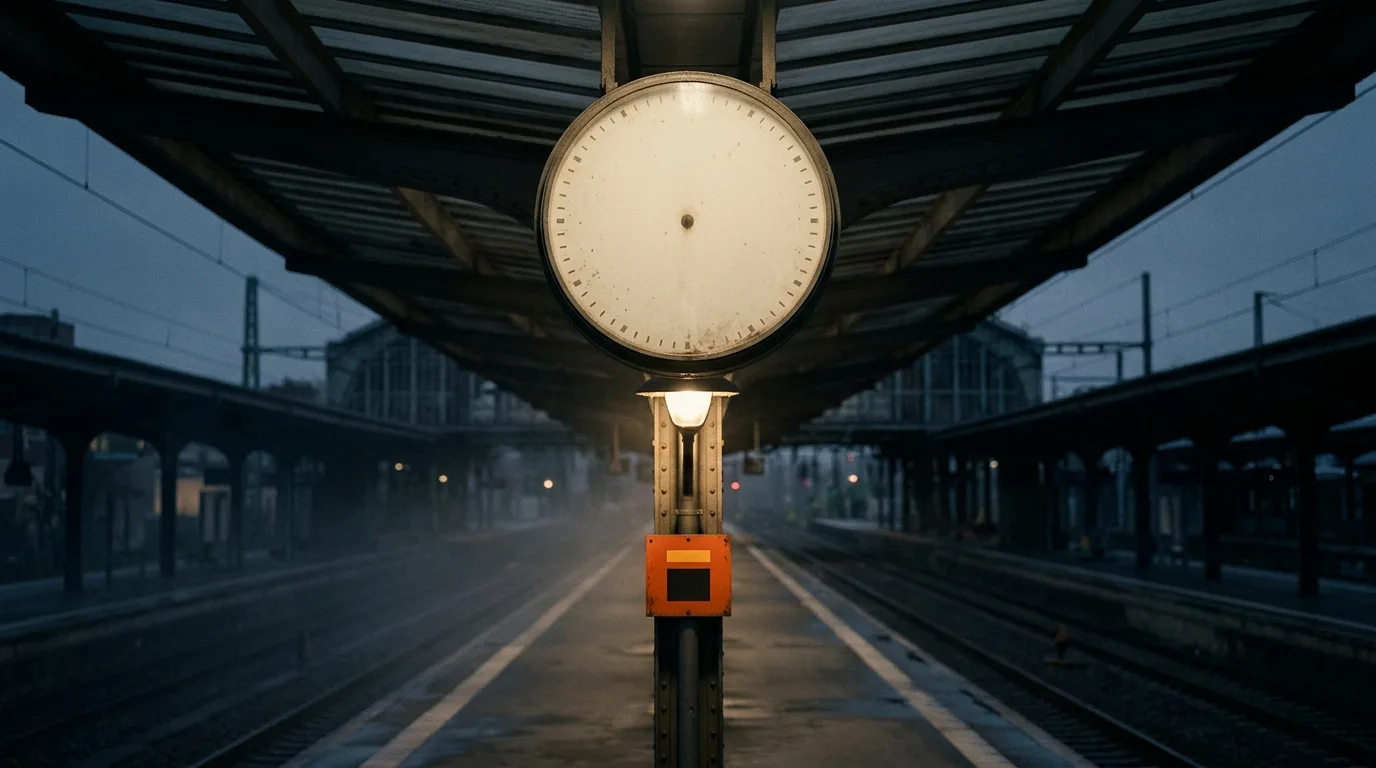A large round station clock above an empty platform at dusk, one lamp lit beneath it, damp air along the rails.